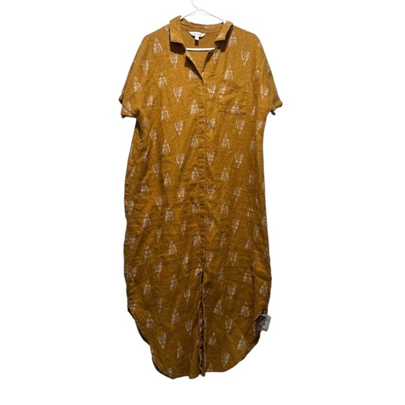 Garnet Hill 100% Linen Maxi Shirtdress Tunic Womens XL Mustard Sundress Tribal - Picture 2 of 15